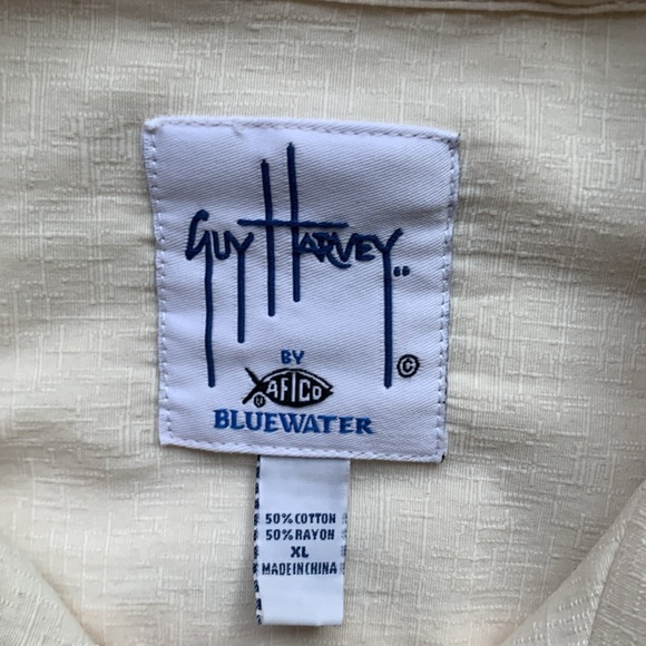 AFTCO Bluewater x Guy Harvey Marlin Embroidered Button Down Shirt Cream Size XL - Picture 7 of 13